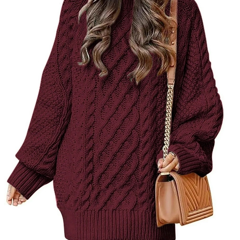 Cozy Cable Knit Oversized Sweater Dress - Burgundy